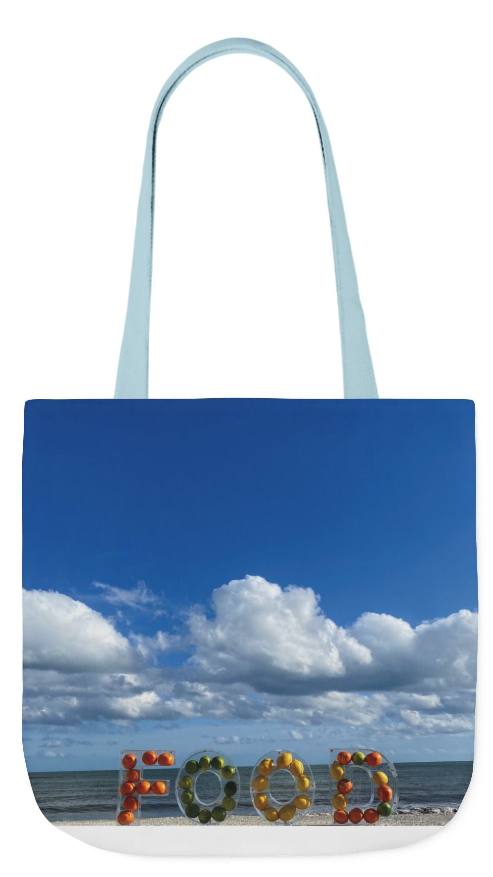 Food Tote Bag 18" x 18" with the Same Print on Both Sides and 4 handle color options. "Beachy Food Bag"