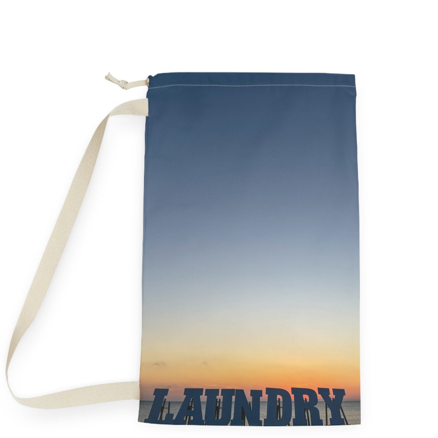 Laundry Bag with a Shoulder Strap and Drawstring. 18"x 29" Same Print on Each Side. "Seaside Daybreak Laundry”