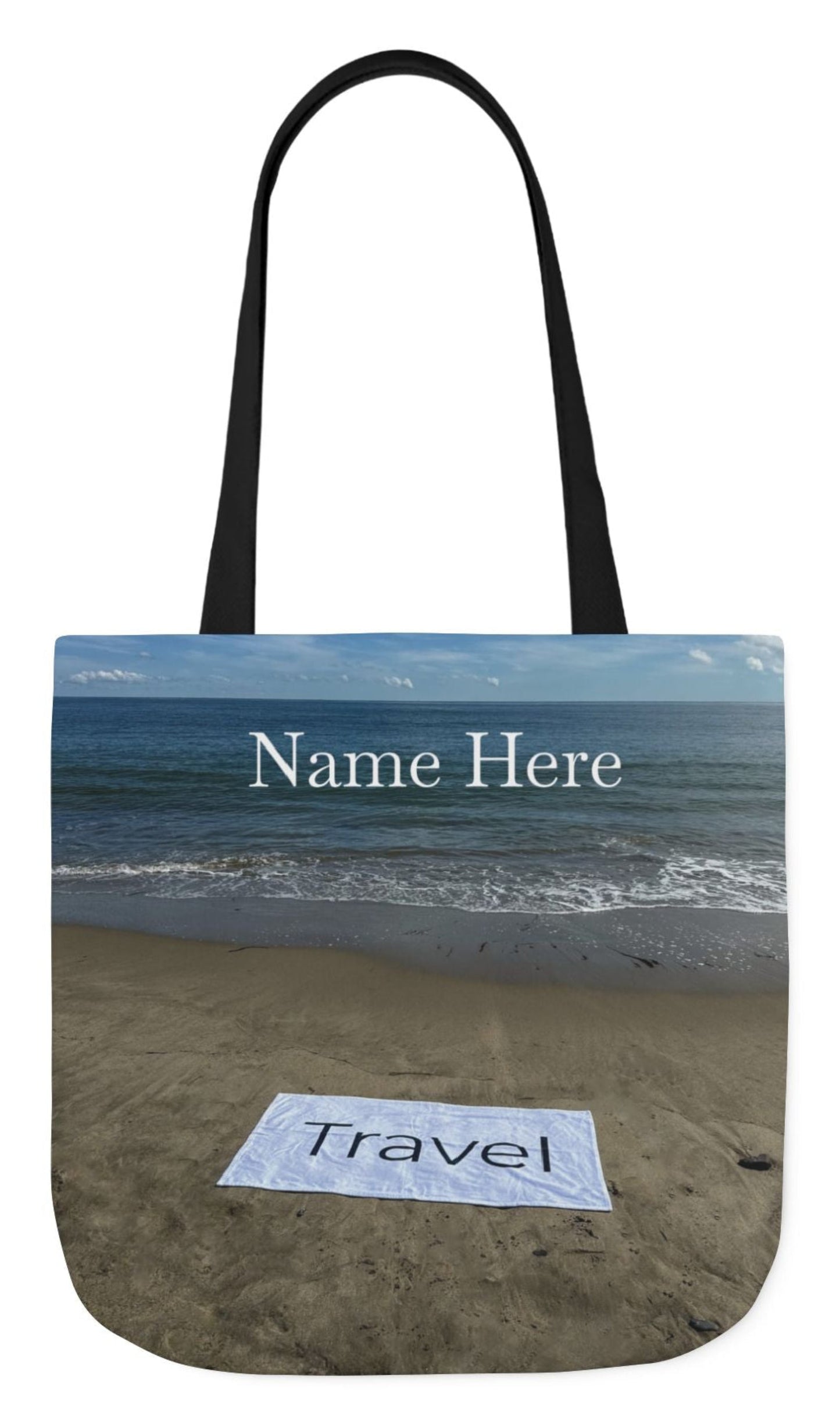 personalized travel tote bag with black handles 18 x 18 beachfront