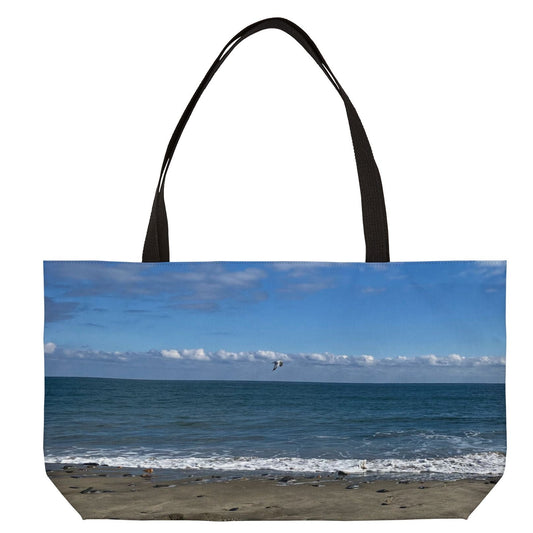 All Purpose Weekender Tote Bag 24" x 13" Different Print on Each Side. "Shore Bird & Big Waves"