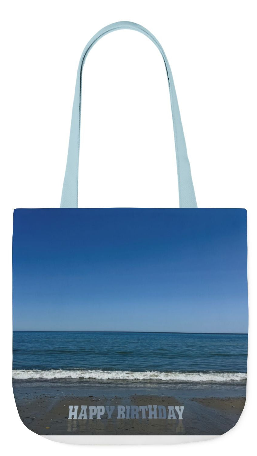 Birthday Tote Bag 13" x 13" different print on each side. 3 Handle Color Options. "Beach & Beach Sand Birthday"