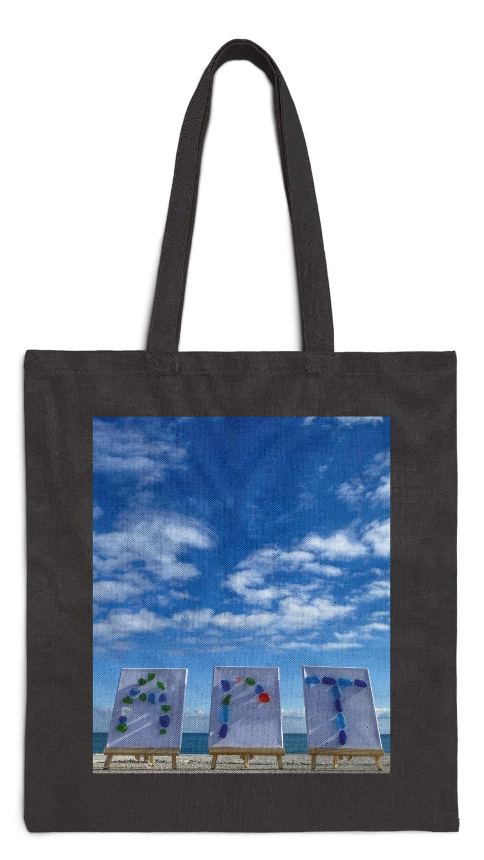 Art Tote Bag Black 15" x 16" Cotton Canvas Print on One Side. "Seaside Art"