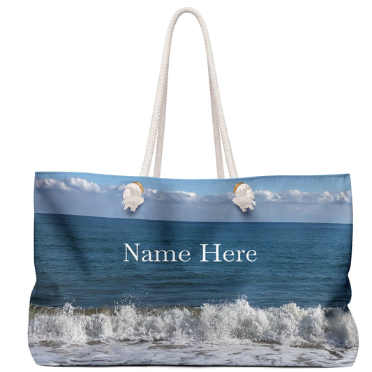 Beach Weekender Tote Bag 24" x 13" with Different Print on Each Side and Rope Handles.”Big Waves & Shorebird”(Personalize it)