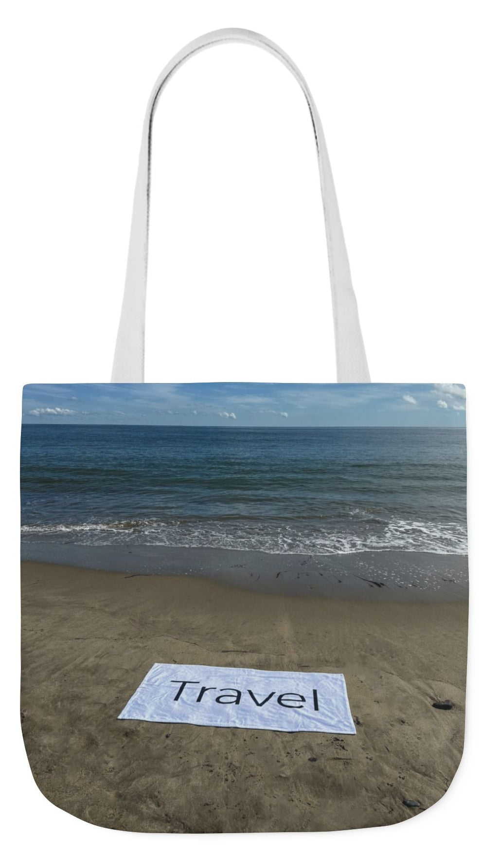 Travel Tote Bag 18” x 18” same print on each side. 4 Handle Color Options. “Beachfront Travel Bag Personalized”