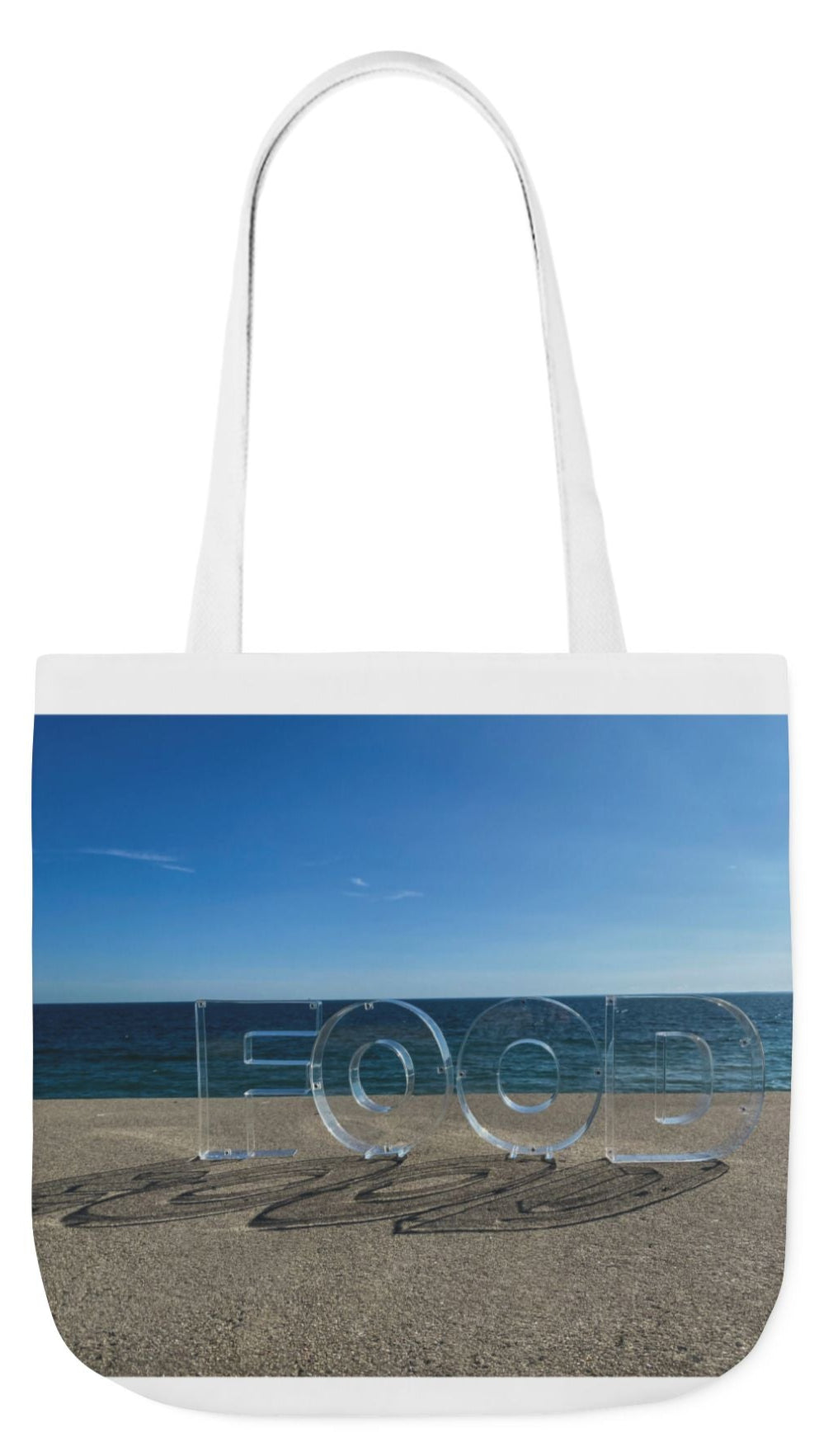 Food Tote Bag 18" x 18" Different Print on each side. 4 Handle Color Choices. "Seaside Food Reflections"