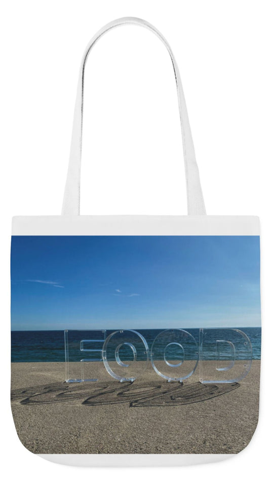 Food Tote Bag 18" x 18" Different Print on each side. 4 Handle Color Choices. "Seaside Food Reflections"