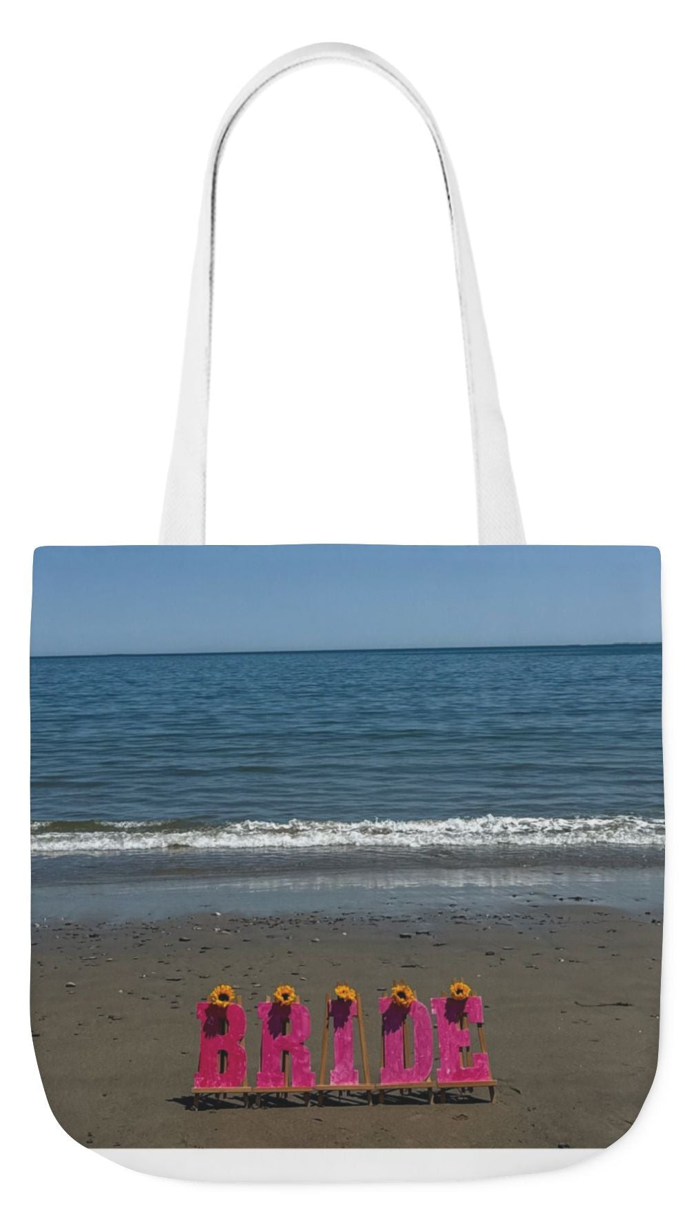 Bride Tote Bag 18" x 18" same print on each side. Pink or White Handles option. "Beachfront Bride Bag"