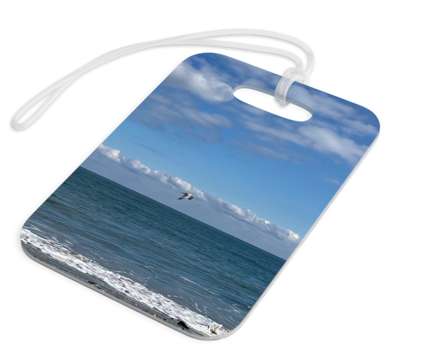 Plastic Luggage Tag Different Print on each side with a Glossy Finish and clear Acrylic tie. (Personalized)"Big Waves & Shore Bird Travel Tag"