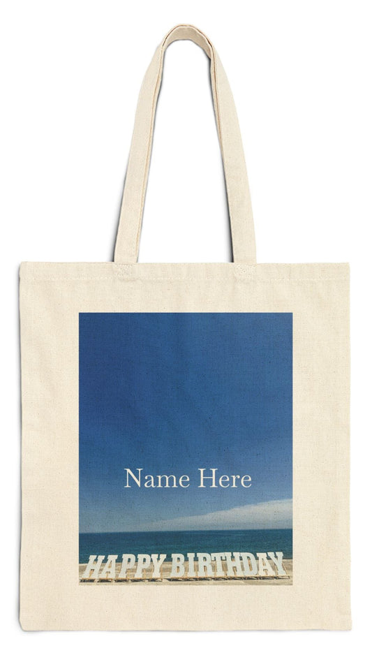Birthday Tote Bag Natural Color 15" x 16" Cotton Canvas Print on One Side. "Shoreline Birthday" (Personalize it)