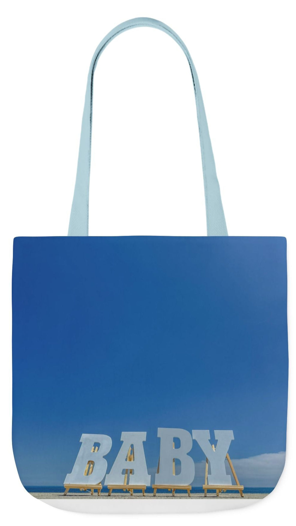 Baby Tote Bag 18”x 18” same all over print on each side with white, blue or pink handle options. “Baby Bag Bright Sky”.