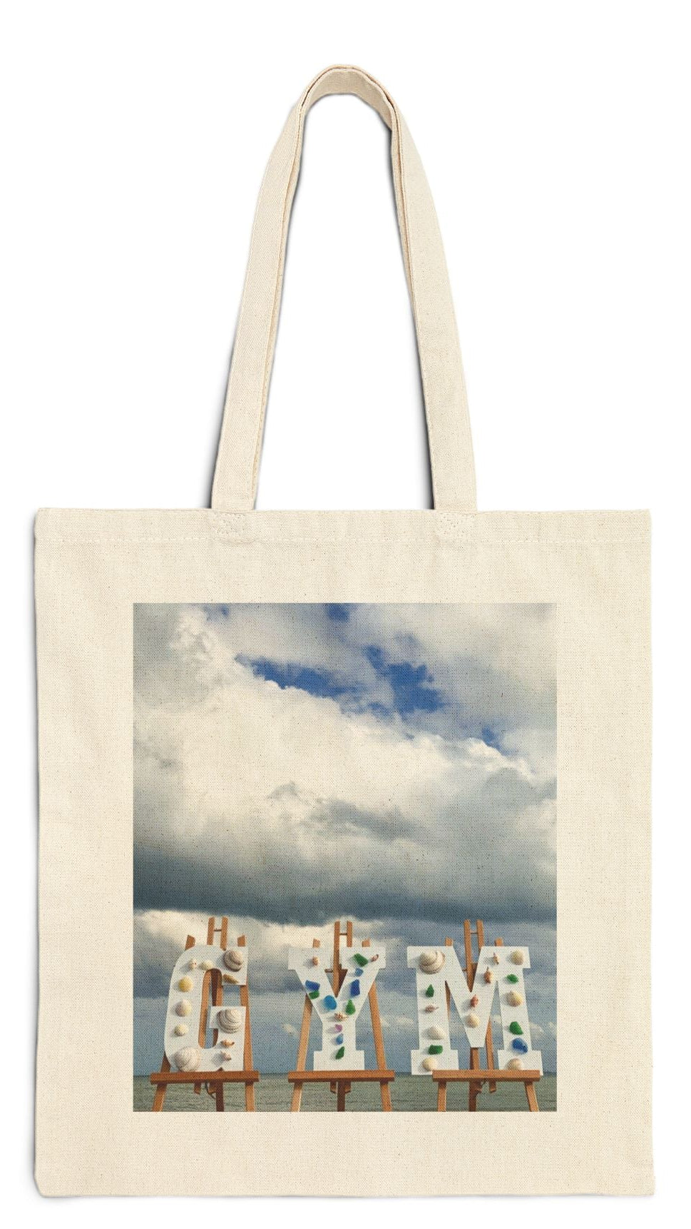 Gym Tote Bag Natural Color 15” x 16” Cotton Canvas Print on One Side. "Shoreline Gym Bag"