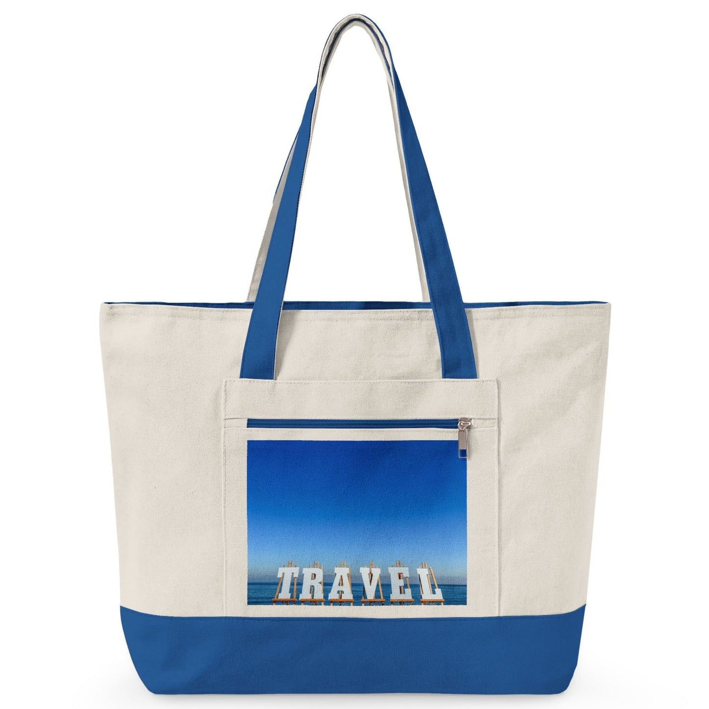 "New" Travel Tote Bag with Zippers and Blue Trim. “Seaside Travel Bag with Zippers”