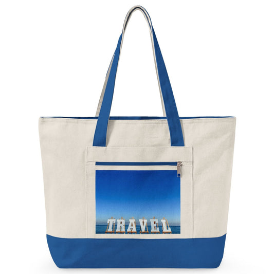 "New" Travel Tote Bag with Zippers and Blue Trim. “Seaside Travel Bag with Zippers”
