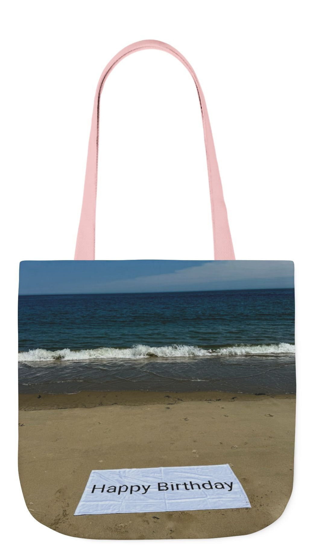 Birthday Tote Bag 18" x 18" different print on each side. 3 handle color options. "Beach & Beach Sand Birthday Personalized”
