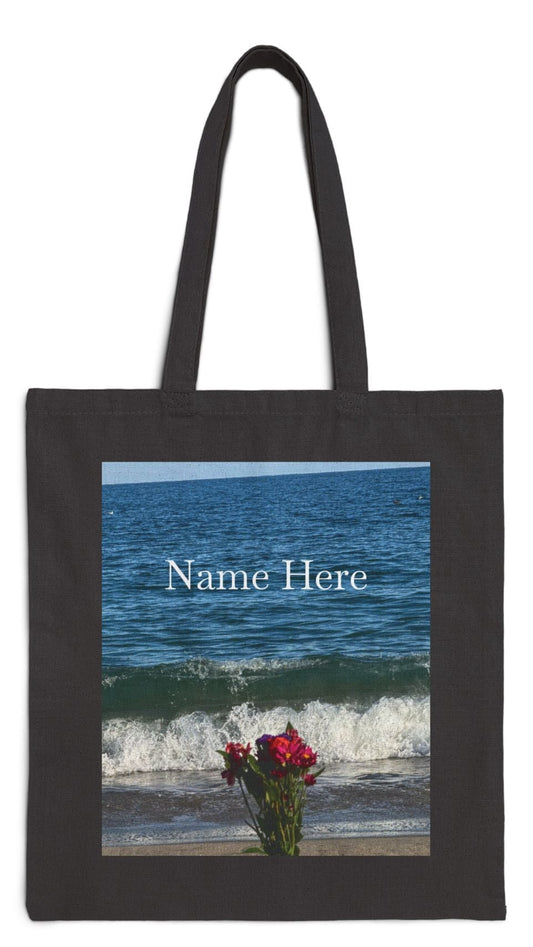 Floral Tote Bag Black 15" x 16" Cotton Canvas Print on One Side. " Beachside Flowers" (Personalize it)
