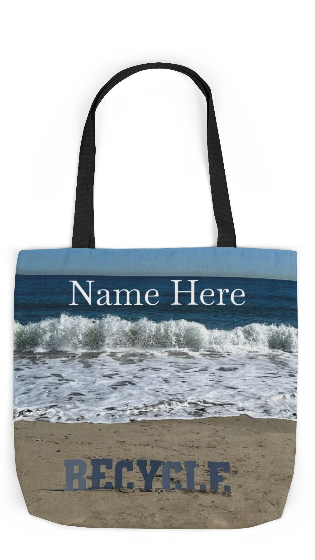 Recycle Tote Bag 18” x 18” same print on each side. 5 Handle Color Options. "Beach Recycle Bag Personalized”
