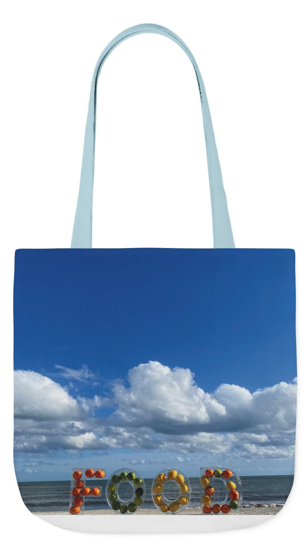 Food Tote Bag 18" x 18" with the Same Print on Both Sides and 4 handle color options. "Beachy Food Bag"