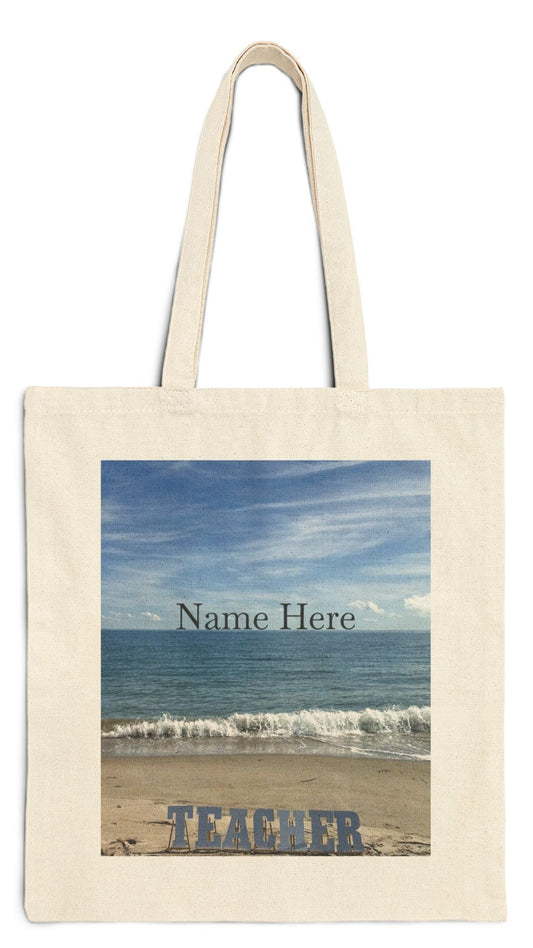 Teacher Tote Natural Color 15" x 16" Natural Color Print on One Side. " Teacher Beachfront Tote Bag"(Personalize)