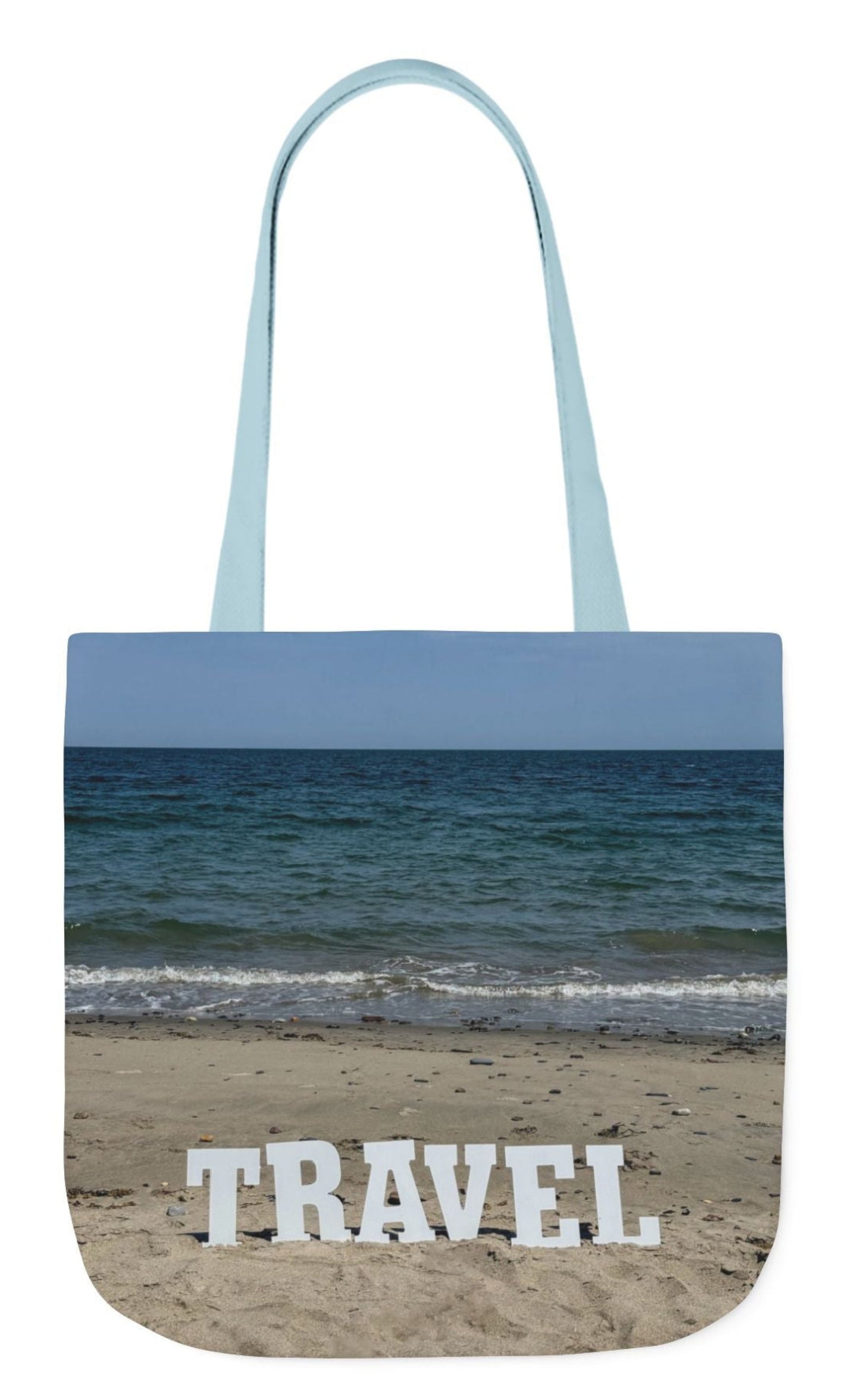 travel tote bag blue handles matching beach scene on each side