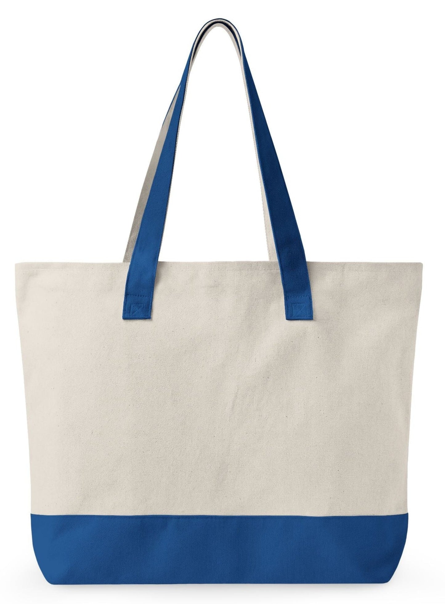 back of zippered canvas travel tote bag with blue highlights