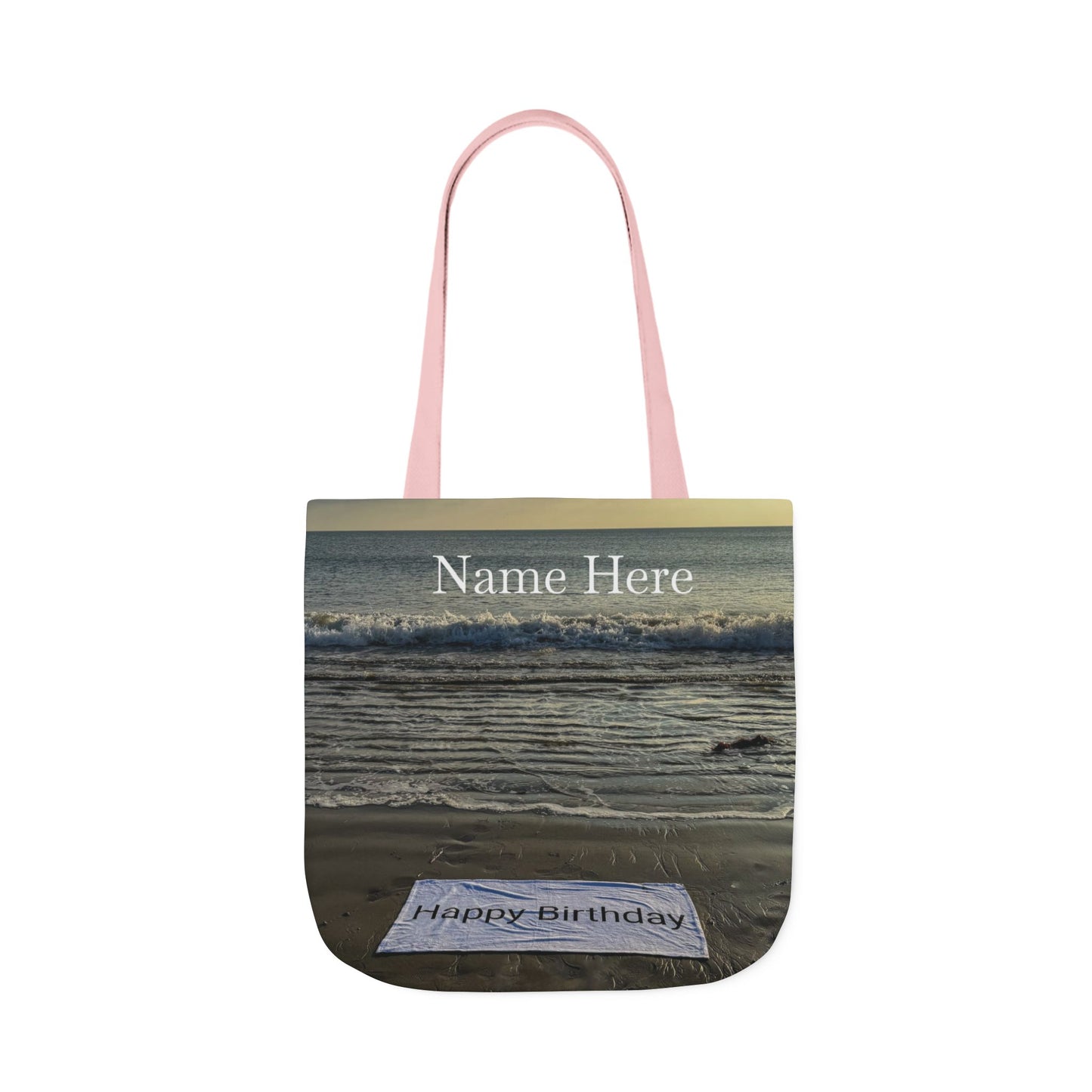 Birthday Tote Bag 18” x 18” different print on each side. 3 Handle Color Options. “Beach & Beachfront Birthday Bag Personalized”