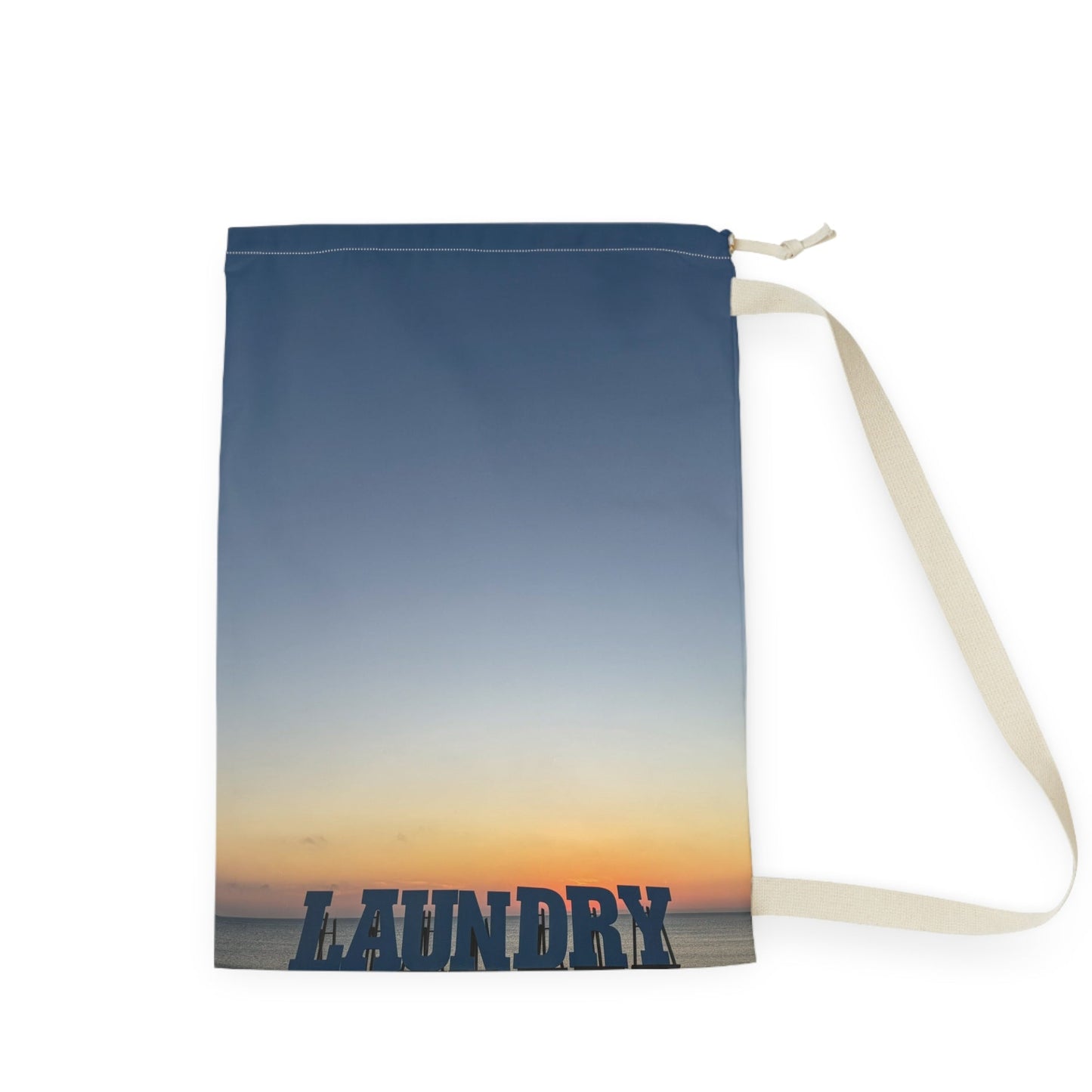 Laundry Bag with a Strap and Drawstring. Same Print on Each Side. “28 x 36” “Seaside Daybreak Laundry”