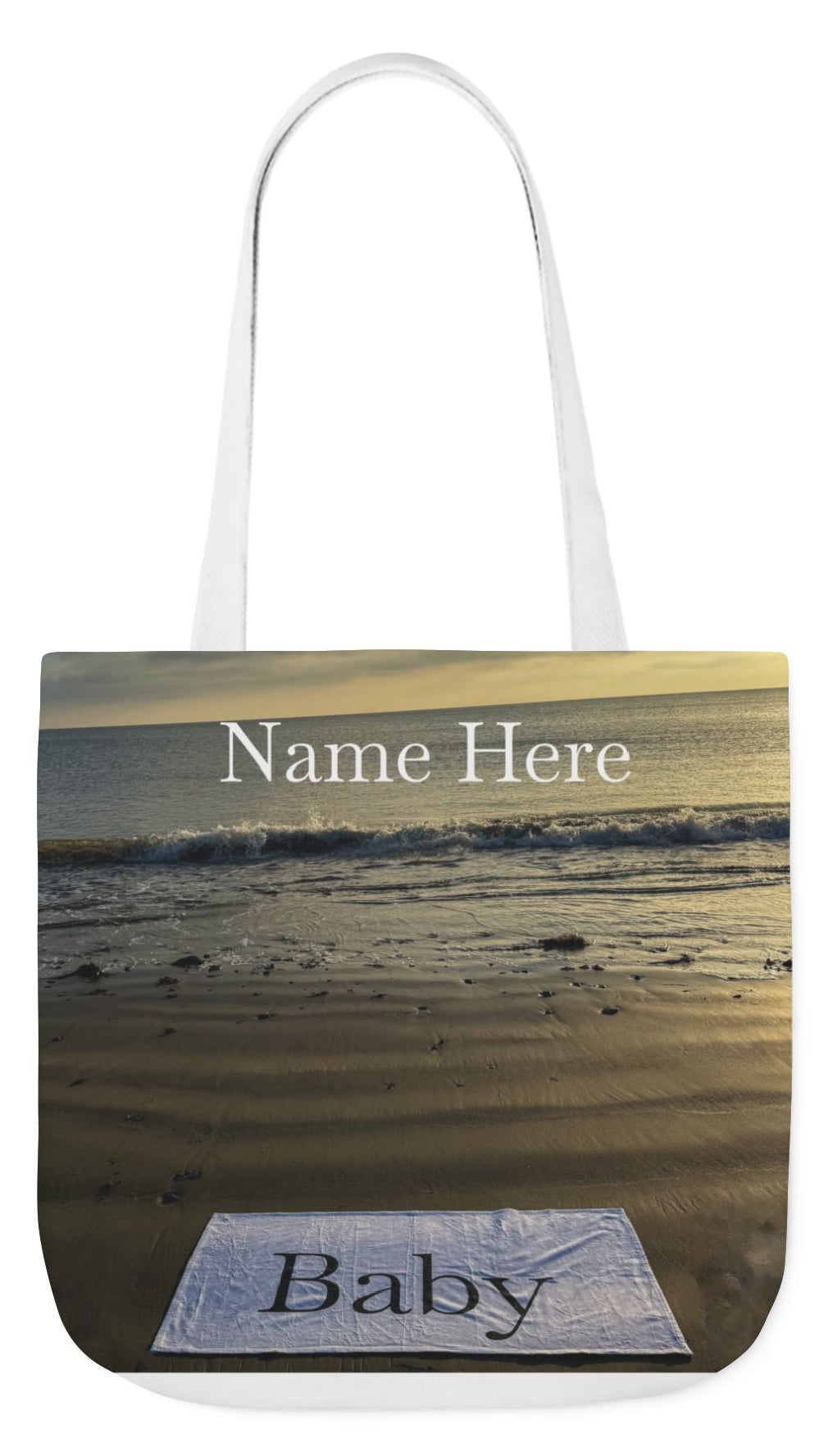 Baby Tote Bag 18" x 18" same print on each side. White, Blue or Pink Handles Option. "Daybreak Baby Tote Bag Personalized"