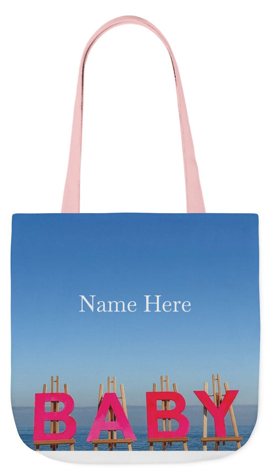 Baby Tote Bag (Pink Handles) 18”x 18” same print on each side with pink or white handles options. “Shoreline Baby Tote Bag Personalized"