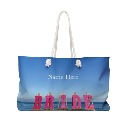 Bride Weekender Bag 24" x 13" with same print on each side and rope handles. "Seaside Bride Weekender Bag Personalized"