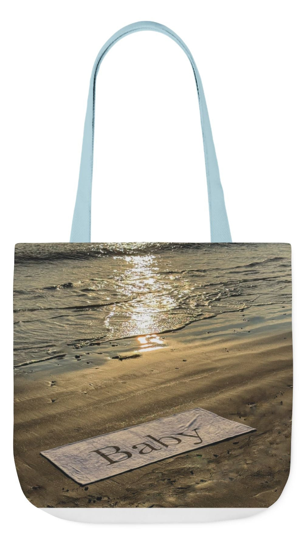 Baby Tote Bag 18" x 18" different print on each side. Handles color choice of White, Blue or Pink. "Daybreak & Sunny Seaside Baby Tote Bag"