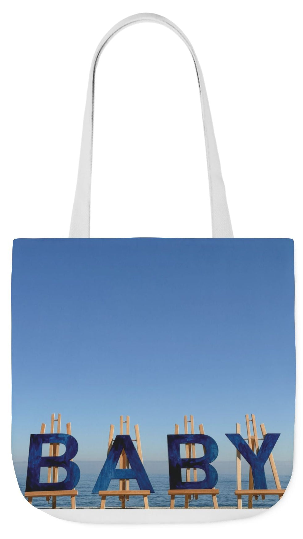 Baby Tote Bag (Blue Handles) 18” x 18”with the same print on each side. Blue or white handles option. "Shoreline Baby Tote Bag".