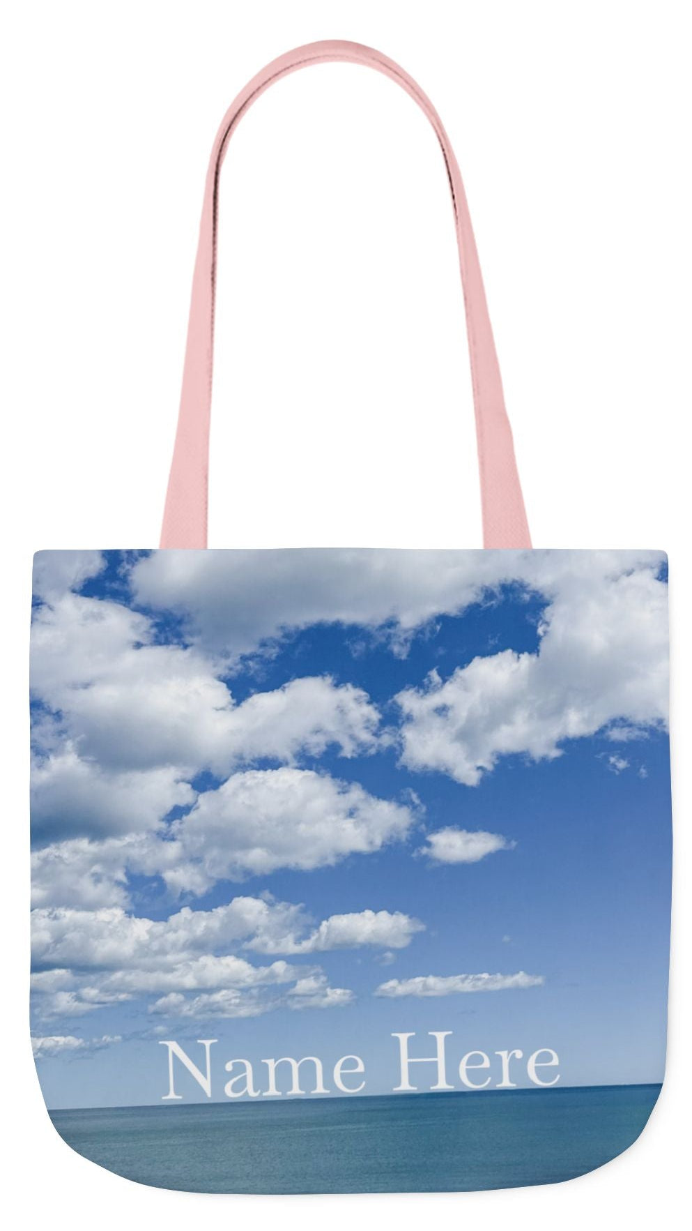 Personalized Everyday Tote Bag 18” x 18” same print on each side. 3 Handle Color Options. “Seaside Bright Clouds”