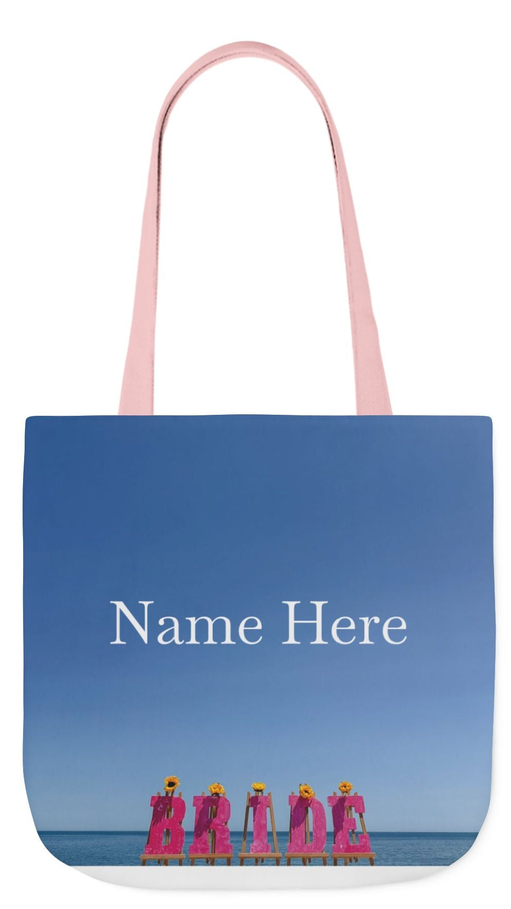 Bride Tote Bag 18" x 18" same print on each side. Pink or White Handles option. "Shoreline Bride Bag Personalized"
