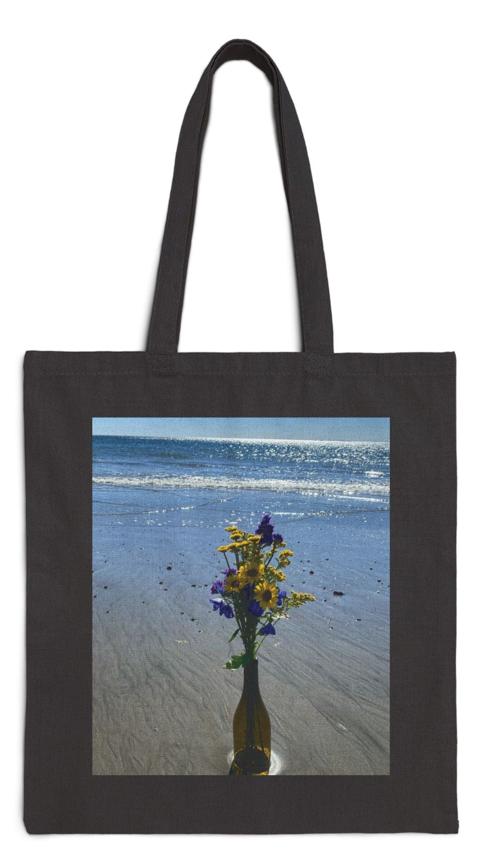 Floral Tote Bag Black 15" x 16" Cotton Canvas Print on One Side. "Beachy Flowers in a Bottle"