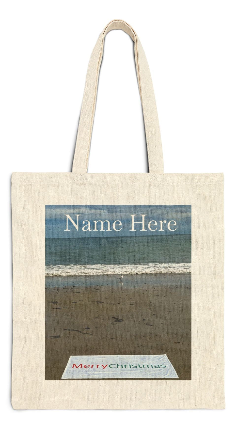 Christmas Tote Bag Natural Color 15” x 16” Cotton Canvas Print on One Side “Beach Christmas with Seagull” (Personalize it)