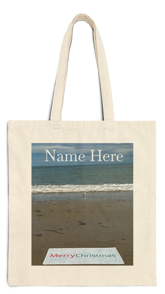 Christmas Tote Bag Natural Color 15” x 16” Cotton Canvas Print on One Side “Beach Christmas with Seagull” (Personalize it)