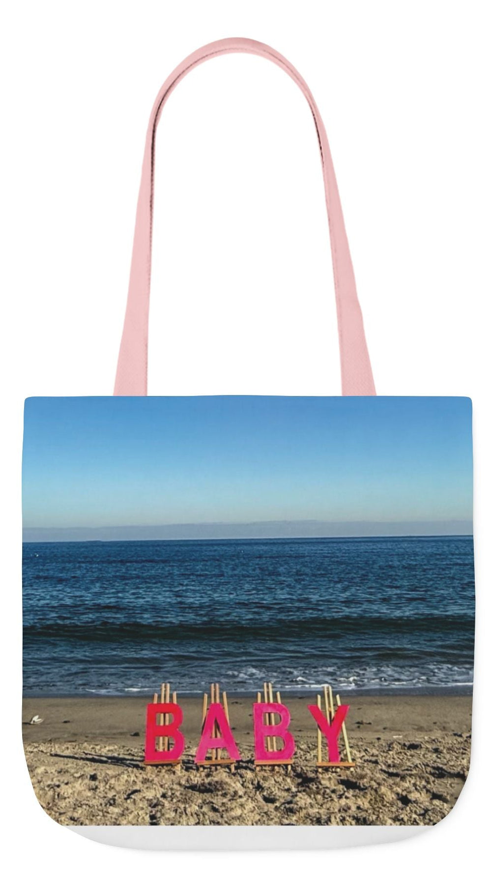 Baby Tote Bag 18” x 18” different print on each side with White or Pink Handles Choice. "Shoreline & Beach Baby Tote Bag Personalized"