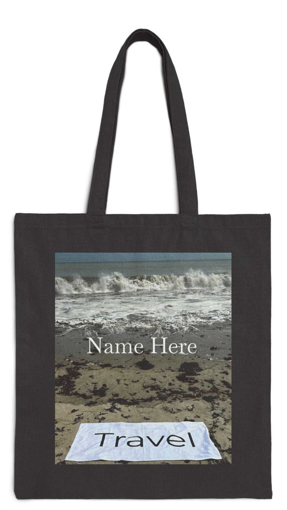Travel Tote Bag Black 15” x 16” Cotton Canvas Print on One Side. “Wild Waves Travel Bag” (Personalize it)