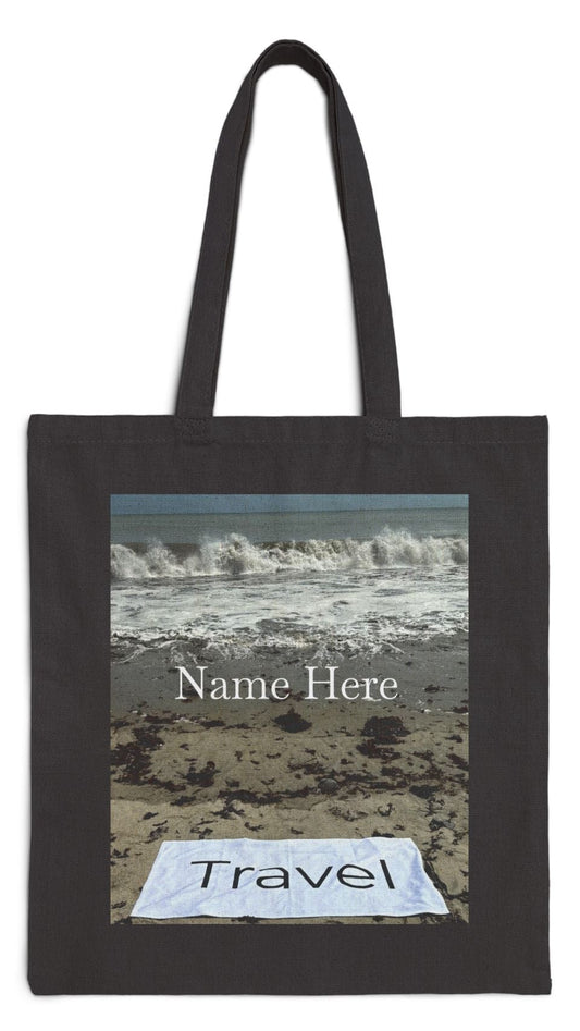 Travel Tote Bag Black 15” x 16” Cotton Canvas Print on One Side. “Wild Waves Travel Bag” (Personalize it)