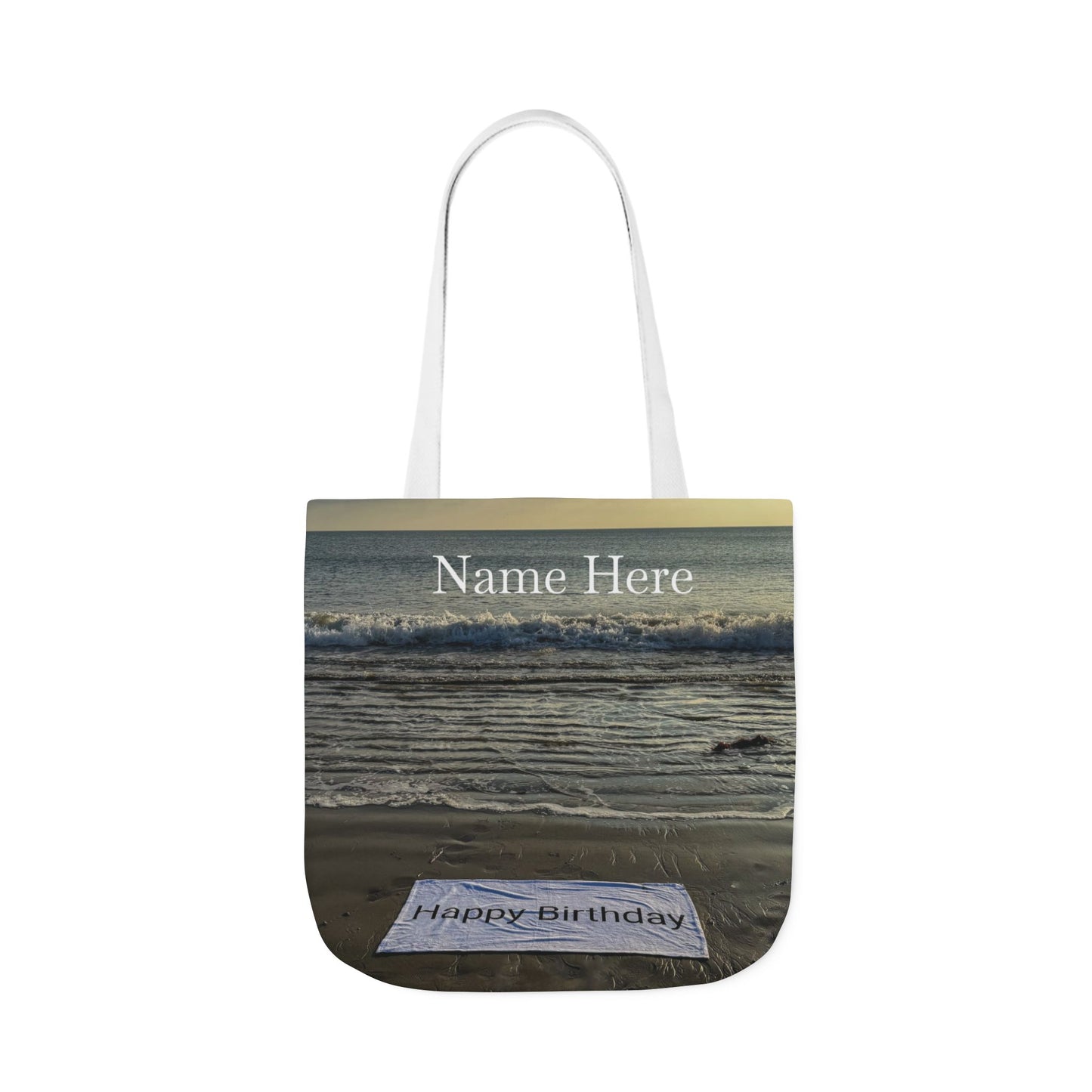 Birthday Tote Bag 18” x 18” different print on each side. 3 Handle Color Options. “Beach & Beachfront Birthday Bag Personalized”