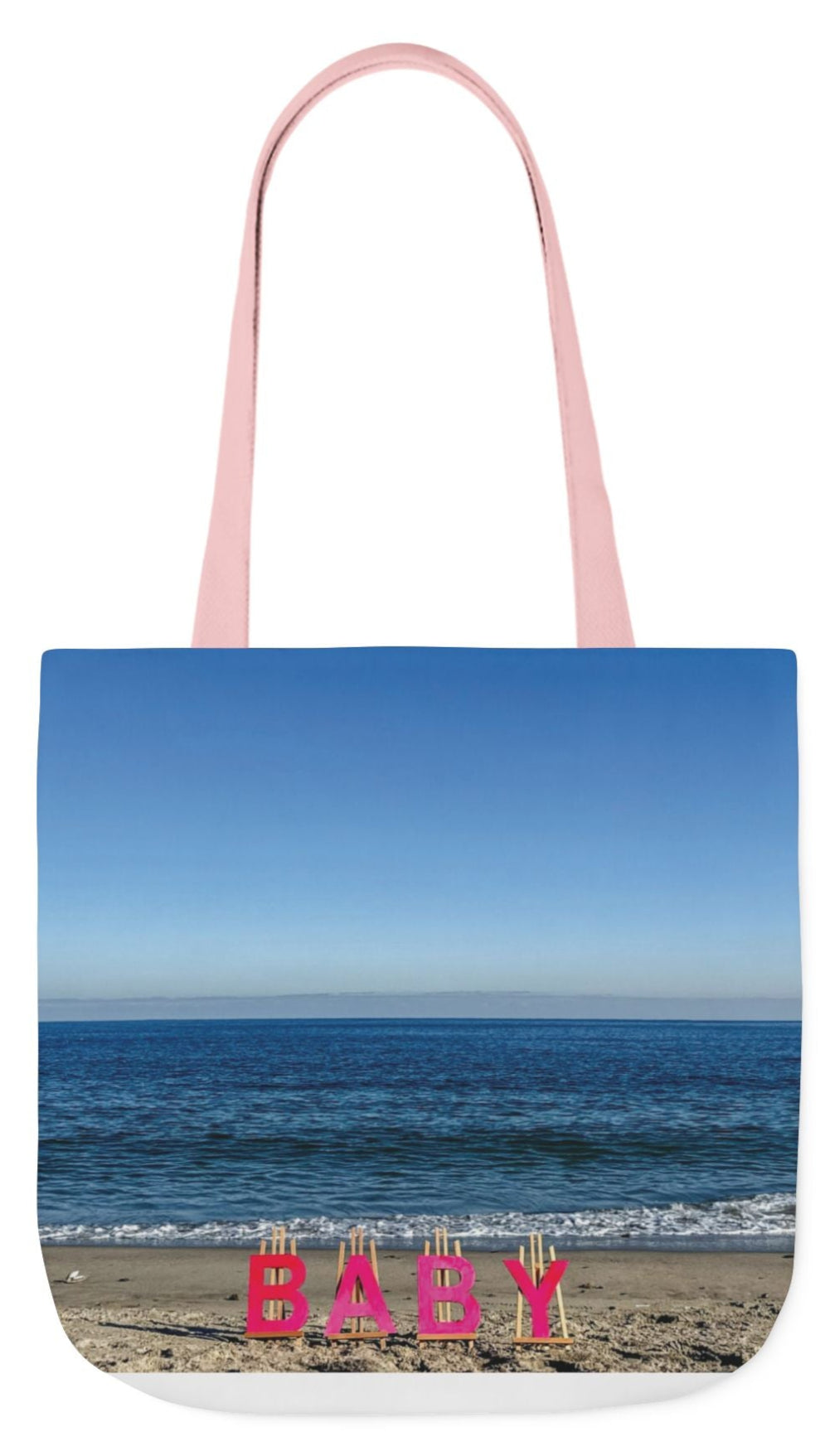Baby Tote Bag (Pink) 18”x 18” same all over print on each side with pink or white handle options. “Beach Baby Tote Bag”.