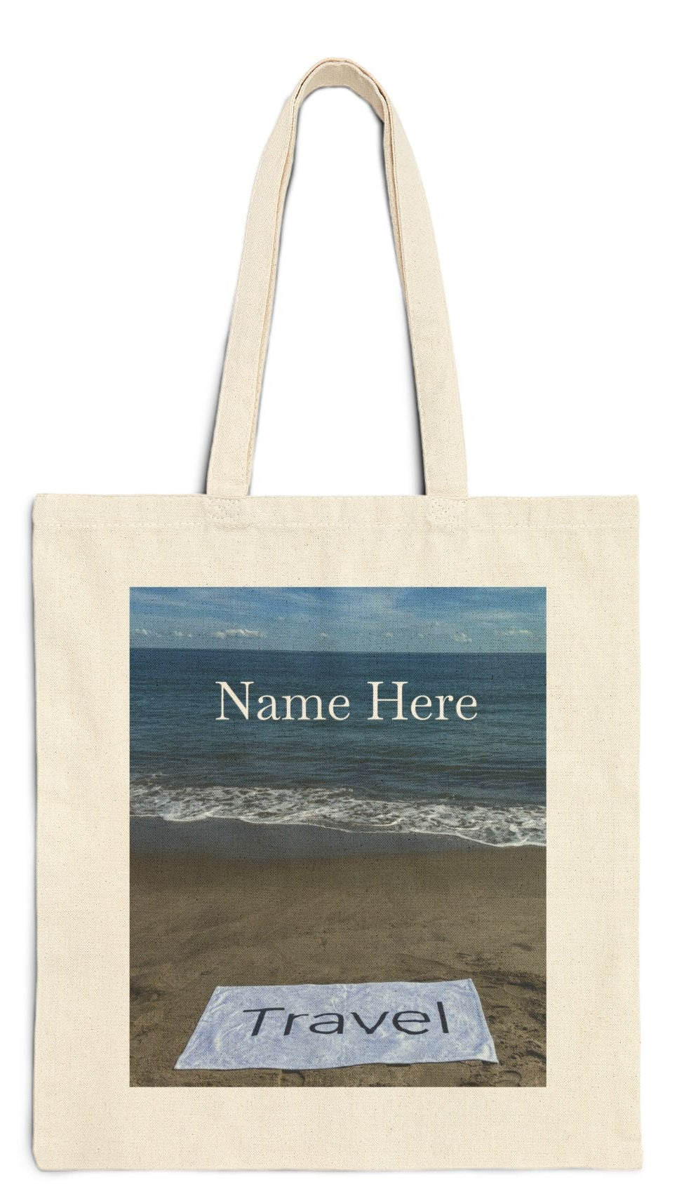 Travel Tote Bag 15” x 16” Natural Color Cotton Canvas Print on One Side. “Beachfront Travel Bag Personalized"