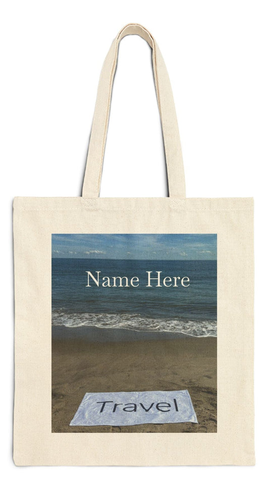 Travel Tote Bag 15” x 16” Natural Color Cotton Canvas Print on One Side. “Beachfront Travel Bag Personalized"