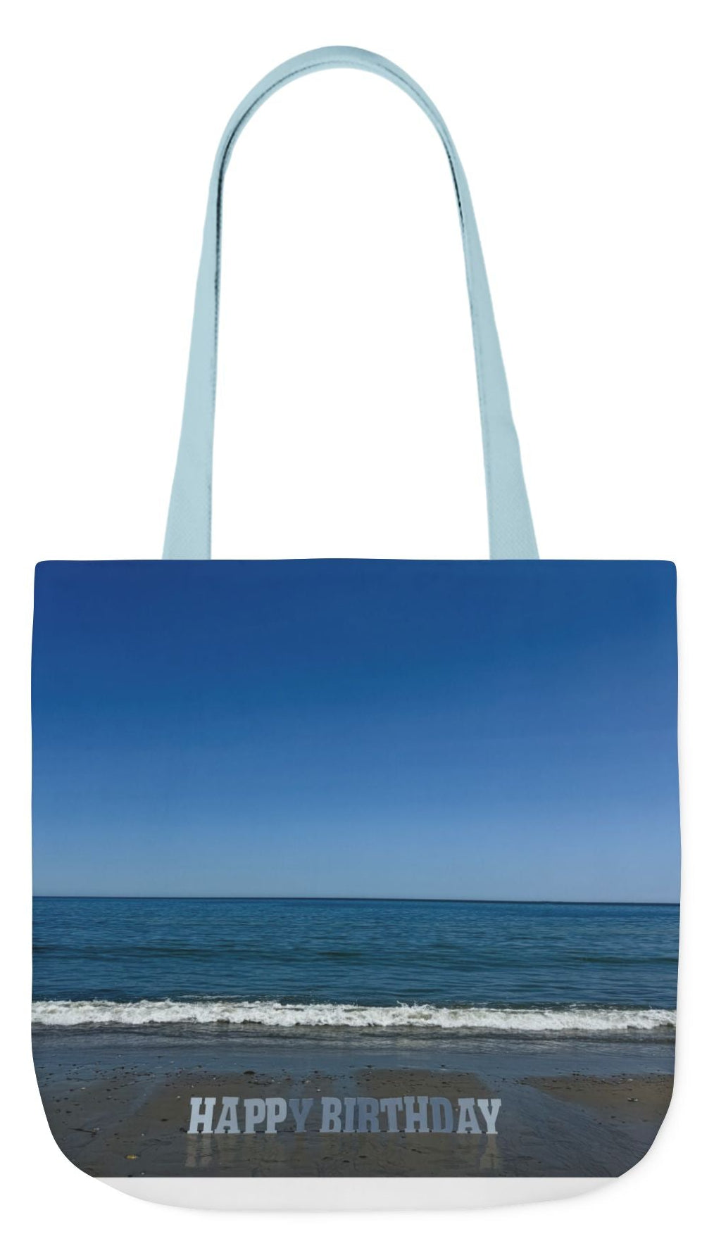 Birthday Tote Bag 18" x 18" different print on each side. 3 handle color options. "Beach & Beach Sand Birthday"