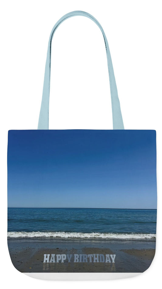 Birthday Tote Bag 18" x 18" different print on each side. 3 handle color options. "Beach & Beach Sand Birthday"