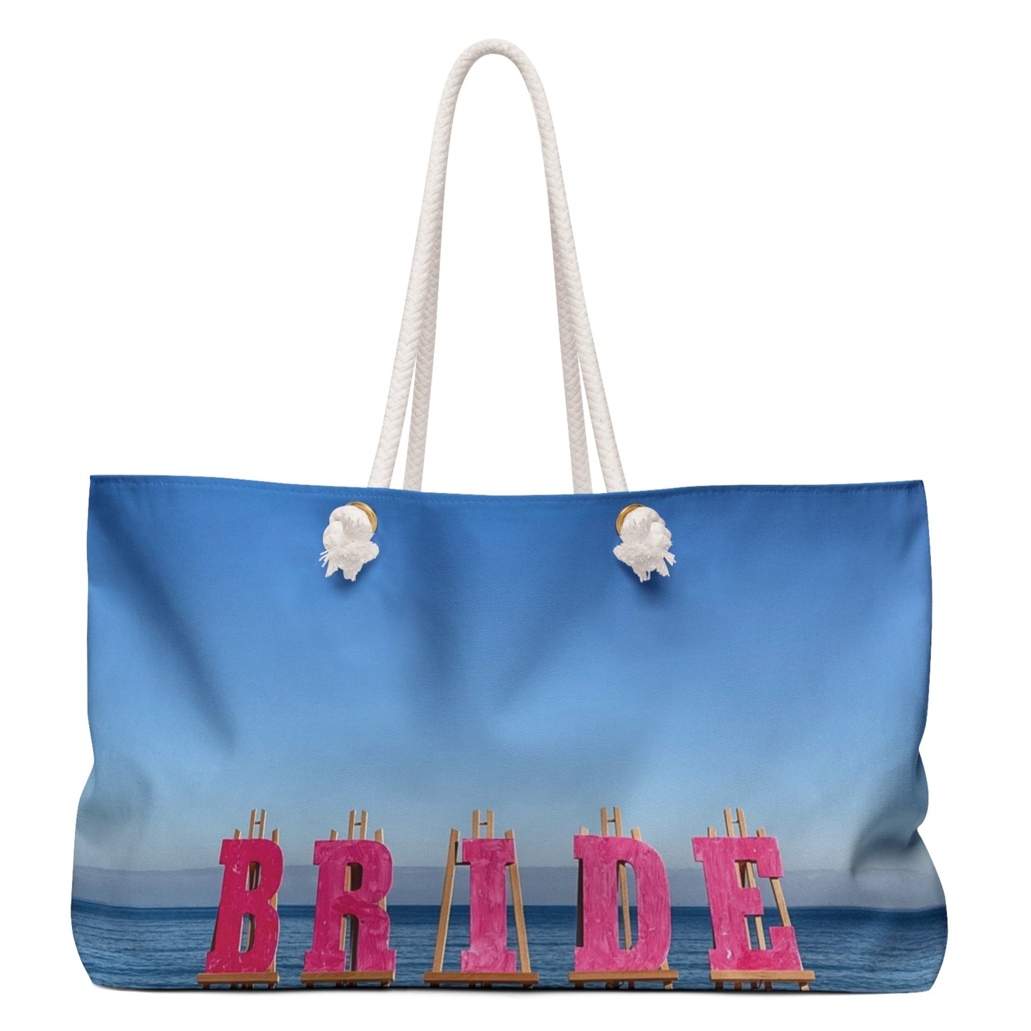Bride Weekender Bag with same allover print on each side and rope handles. "24 x 13". "Seaside Bride Weekender Bag".