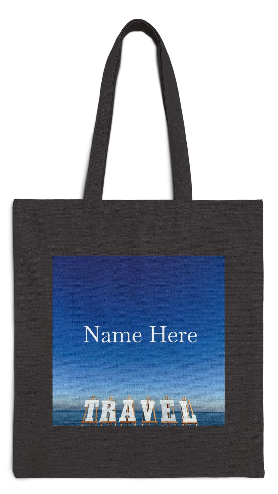 Travel Tote Bag Black 15” x 16” Cotton Canvas Print on One Side. “Seaside Travel Bag” (Personalize it)