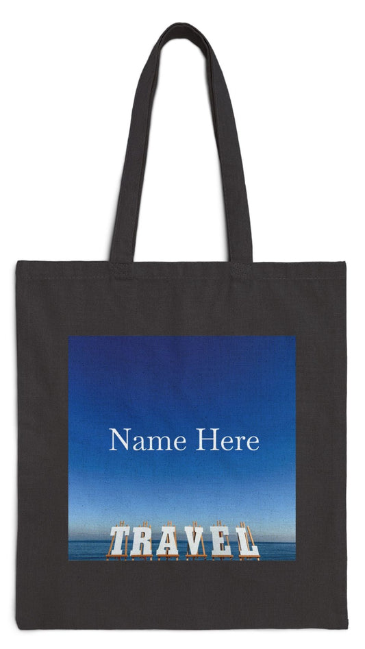 Travel Tote Bag Black 15” x 16” Cotton Canvas Print on One Side. “Seaside Travel Bag” (Personalize it)