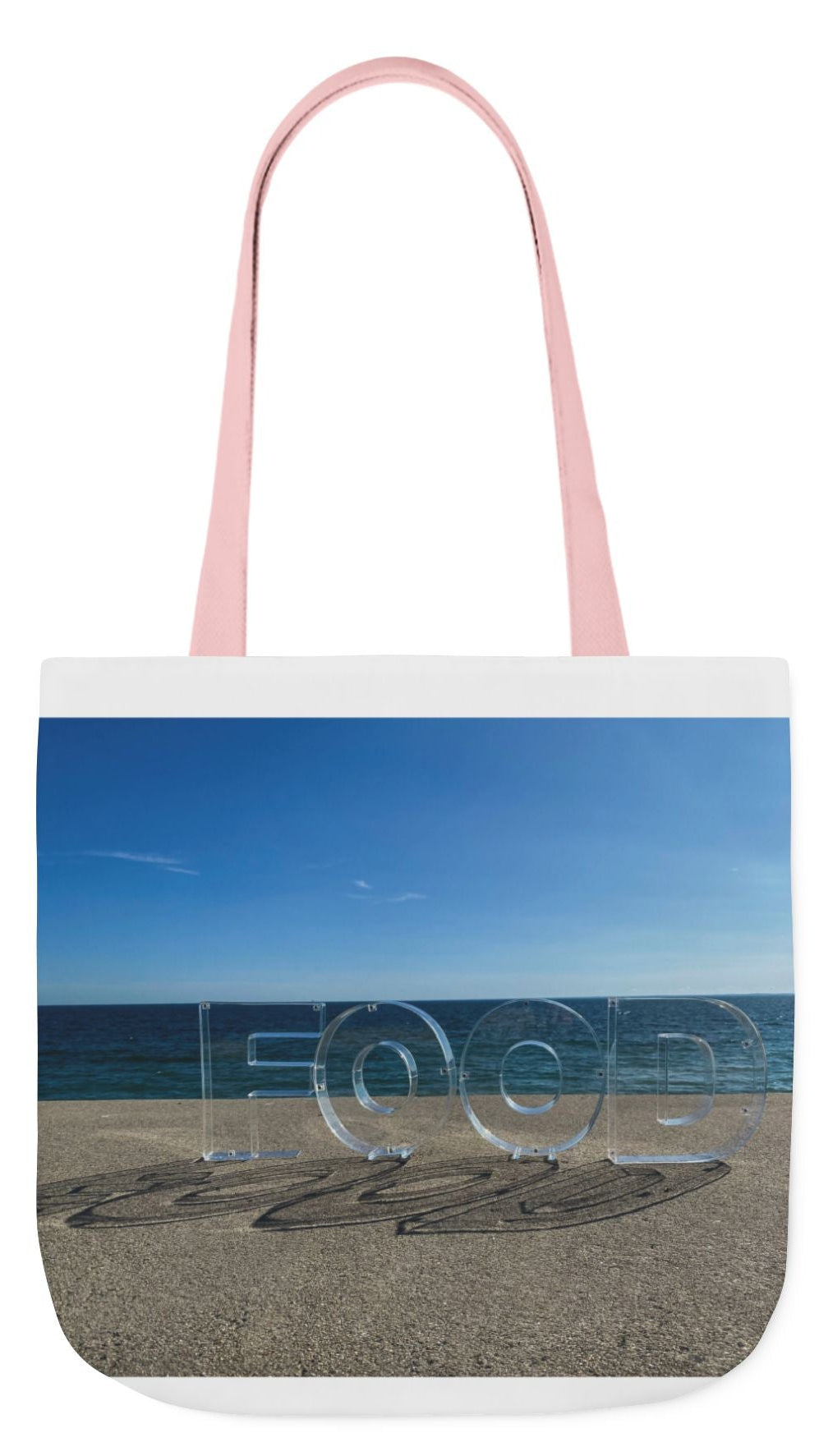 Food Tote Bag 18" x 18" Different Print on each side. 4 Handle Color Choices. "Seaside Food Reflections Bag"