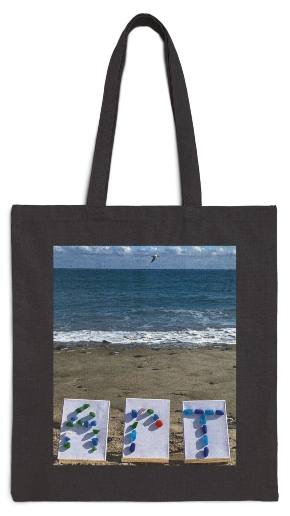 Art Tote Bag Black 15" x 16" Cotton Canvas Different print on Each Side. "Beach Art & Seaside Art”
